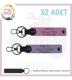 Motor Severlere Özel, İsim Plaka ve 0 Rh (+) Kan Grubu Yazılı x2'li Anahtarlık Takım, Mor-Pembe-Laci (Çok Renkli)