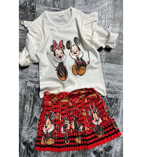 Kız Çocuk Omzu Fırfırlı Mickey ve Minnie Baskılı Beyaz Bluz Etekli Takım