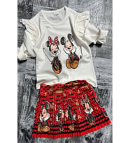 Kız Çocuk Omzu Fırfırlı Mickey ve Minnie Baskılı Beyaz Bluz Etekli Takım
