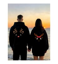 Sevgili Çift Kombin Hoodie Geyik Baskılı Oversize Kapüşonlu Sweatshirt 2’li Set Unisex 3 İplik (Siyah)
