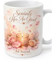Romantik Mum Işığı Gül Yaprağı Pastel Pembe Kupa Bardak Sevgiliye Hediye