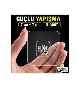 8 Adet 7x7 cm Şeffaf Güçlü Yapışkanlı Çift Klipsli Raf Tutucu