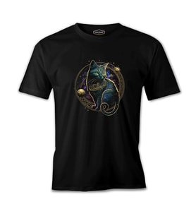 Magical Cat in Space with the Moon and Planets Siyah Erkek Tshirt