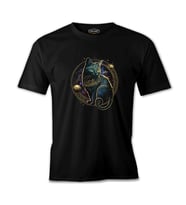 Magical Cat in Space with the Moon and Planets Siyah Erkek Tshirt