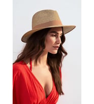 Kadın Simli Premium Hasır Fedora Şapka - Camel