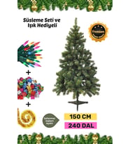Premium Kutu Süsleme Seti Yılbaşı Çam Ağacı Renkli Işığı Yeni Yıl Süsleri Noel Paketi 150 Cm 240 Dal