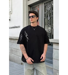 Erkek Kısa Kol Tişört Bisiklet Yaka Yıldırım Baskılı Oversize T-Shirt - Siyah