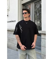 Erkek Kısa Kol Tişört Bisiklet Yaka Yıldırım Baskılı Oversize T-Shirt - Siyah