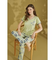 Kadın Desenli V Yaka Düğmesiz Yazlık Viskon Kısa Kol Pijama Takımı (Açık Yeşil)