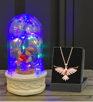 Renkli Led Işıklı Biblolu Fanus ve Zümrüdü Anka Kuşu Kolye Premium Hediye Seti (Model 5)