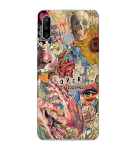 Huawei P30 Lite Uyumlu Aesthetic Vintage Kolaj Desenli Şeffaf Telefon Kılıfı