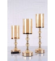 Kristal Taşlı Ayaklı Gold Şamdan Mumluk Kaliteli 3'lü Set -6010