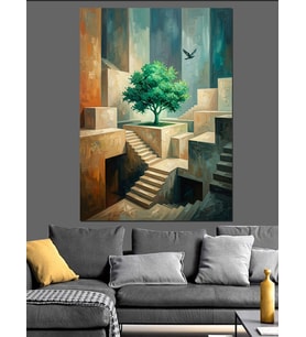 Merdivenli Labirentte Yeşil Ağaç Dekoratif Kanvas - Mdf Ahşap Tablo