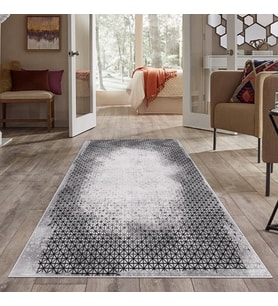 Gri Eskitme Geometrik Desen Yıkanabilir Kaymaz Taban Leke Tutmaz Modern Salon Halısı ve Yolluk (Siyah)