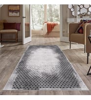 Gri Eskitme Geometrik Desen Yıkanabilir Kaymaz Taban Leke Tutmaz Modern Salon Halısı ve Yolluk (Siyah)