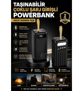 60000 mAh Powerbank 4 Portlu Dijital Göstergeli Uzun Kullanım Süreli