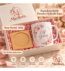 Mirellora Kişiye Özel Porselen Kupa ve Ahşap Bardak Altlığı – Hediye Kutulu