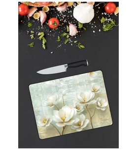 Beyaz Çiçekler  Cam Kesme  ve Sunum Tahtası  25 Cm X 35 Cm