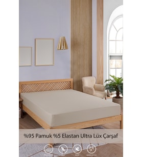 Penye-Likralı Lastikli Çarşaf, 120×200 Tek Kişilik %100 Pamuk-Elastan Örme Kumaş, 200 gr/m² (Bej)