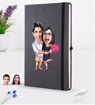 BK Gift Kişiye Özel Sevgililer Karikatürlü Siyah Termo Deri Defter 16x24cm Model 108