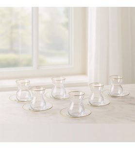 Kişiye Özel  Cam 12 Parça 6 Kişilik Çay Seti 140 ml Gold