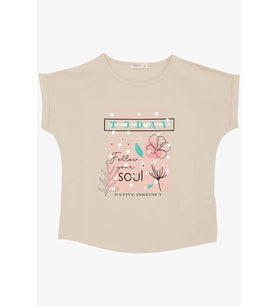 Breeze Kız Çocuk Tişört Çiçek & Yazı Baskılı Pullu 9-14 Yaş, Bej
