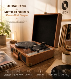 Ultratekno MZL-P01 Bluetooth Plak Çalar, 3 Hız (33/45/78 RPM), USB/SD/AUX/RCA/Kulaklık Destekli, Dahili Hoparlörlü Taşınabilir Retro Valiz Pikap