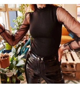Kadın Kolları Tül Detaylı örme Krep Kumaş Bluz (Siyah)