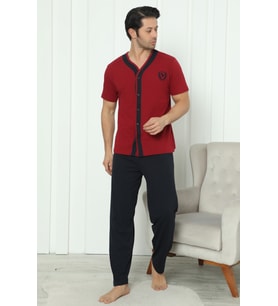 Falkom 8180 Pamuklu Penye Erkek Düğmeli Kısa Kollu Pijama Takımı (Bordo)