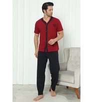 Falkom 8180 Pamuklu Penye Erkek Düğmeli Kısa Kollu Pijama Takımı (Bordo)