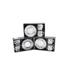 SİYAH - BEYAZ 4PCS=2-TAKIM  PORSELEN KAHVE FİNCANI  ÇİÇEK - ÇİZGİ - NOKTA MİX DESEN (4767)