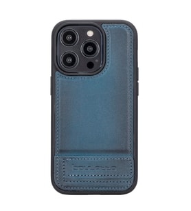 Bouletta Apple iPhone 14 Pro Uyumlu Deri Standlı Arka Kapak BRN4E (Mavi)