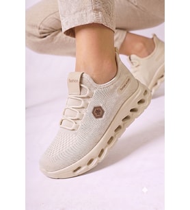 Kadın Sararmaz Taban Triko Örme Anatomik İç taban Sneaker Ayakkabı-BEJ