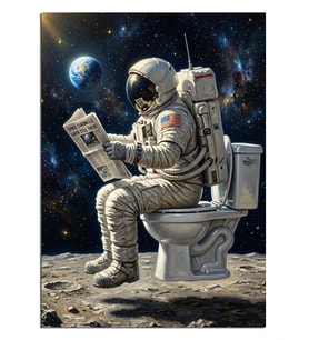 Tuvalette Gazete Okuyan Astronot Komik Dekoratif Kanvas - Mdf Ahşap Tablo