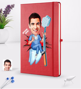 BK Gift Kişiye Özel Erkek Diş Hekimi Karikatürlü Kırmızı Termo Deri Defter 16x24cm Model 2