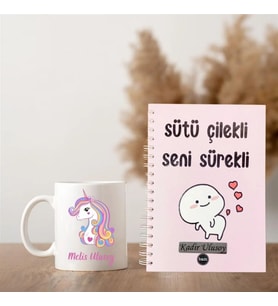 Kişiye Özel Unicorn Tasarımlı Kupa & “Sütü Çilekli Seni Sürekli” Spiral Ajanda Hediye Seti