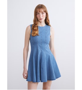 LCW Comfort İndigo Bisiklet Yaka Peplum Mini Jean Elbise