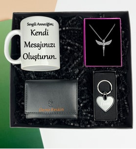 Anneler Gününe Özel Siyah Cüzdan Melek Kolye İsimli Kalp Anahtarlık Ve Kendi Mesajını Oluştur Kupa Bardak