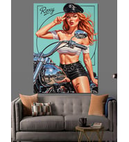 Retro Bisiklet Süren Pin-Up Dekoratif Kanvas - Mdf Ahşap Tablo