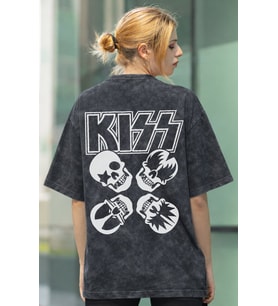 Kiss Rock Metal Müzik Grubu Sırt Baskılı Unisex Oversize Eskitme Yıkamalı Tişört