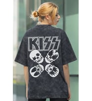 Kiss Rock Metal Müzik Grubu Sırt Baskılı Unisex Oversize Eskitme Yıkamalı Tişört