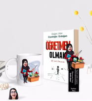 BK Gift Kişiye Özel Tesettürlü Kadın Öğretmeni Karikatürlü Beyaz Kupa Ahşap Kitap Ayracı ve Öğretmen Olmak Kitabı Hediye Seti-1
