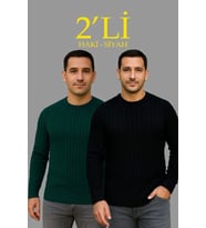Erkek Fitilli Triko Kazak 2’li Set Siyah Haki Kalın Dokuma Pamuklu Regular Fit Bisiklet