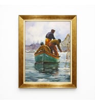 Tablore İstanbul Boğazı Sandal Duvar Tablosu Tarihi Yarımada Manzaralı Gold Çerçeveli Kanvas