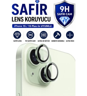 iPhone 15 / 15 Plus Yeşil Metal Kamera Lens Koruyucu Safir Cam Ultra Net HD