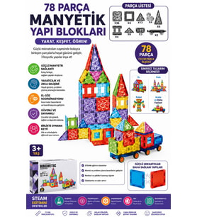 2 Arabalı Eğitici 78 Parça 7,5 Cm Manyetik Yapı Blokları Steam Aktivite Oyuncağı Manyetik Tiles