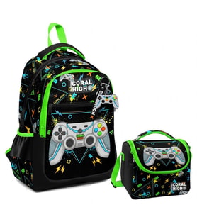 Coral High Üç Gözlü İlkokul Çantası ve Beslenme Çantası - Siyah Fosforlu Yeşil Gamer Desenli - Erkek Çocuk