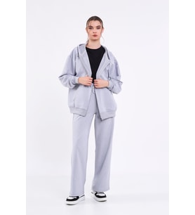 Kadın Gri Normal Kalıp Basic Beli Lastikli Kapüşonlu Oversize Mevsimlik Alt Üst Eşofman Takımı