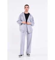 Kadın Gri Normal Kalıp Basic Beli Lastikli Kapüşonlu Oversize Mevsimlik Alt Üst Eşofman Takımı