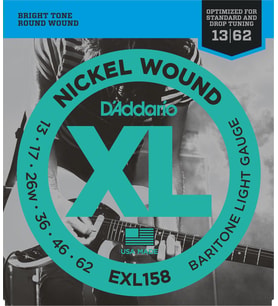 D'Addario EXL158 XL Nickel Wound Bariton Elektro Gitar Tel Seti - 13-62 Light Baritone (Profesyonel)  Bariton Gitarlar İçin Tasarlanmış Uzunluk ve Gerilim, Derin Baslar ve Zengin Tonlar